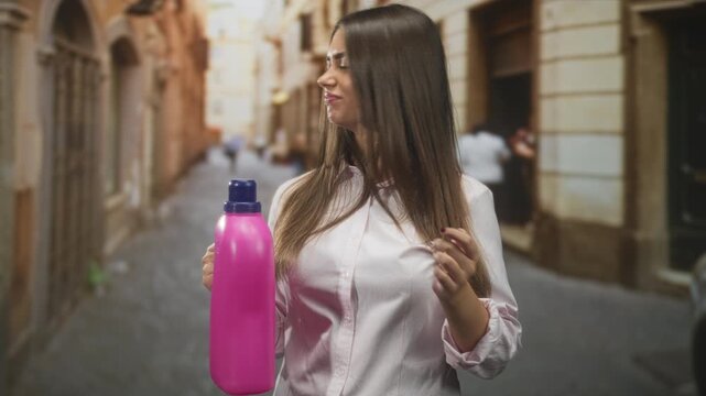 Woman holds pink detergent bottle in one hand and pinches her nose while grimacing in a narrow street; disgust cleaning.