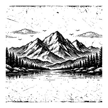 Vintage engraving illustration of mountain landscape with lake and pine forest