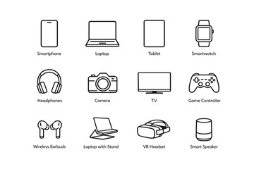 Electronic devices icons: smartphone, laptop, tablet, smartwatch, headphones, camera, tv, game controller, earbuds, vr headset, smart speaker
