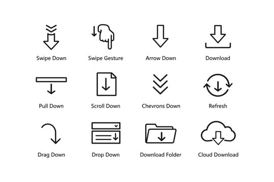Set of black downward gesture and download icons for user interface