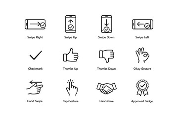 Fototapeta premium Gesture icon set: swipe, checkmark, thumbs, okay, handshake, badge