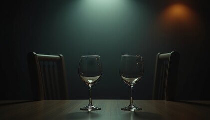 Empty Glasses on Table. Two empty wine glasses are positioned on a wooden table against a dark backdrop.
