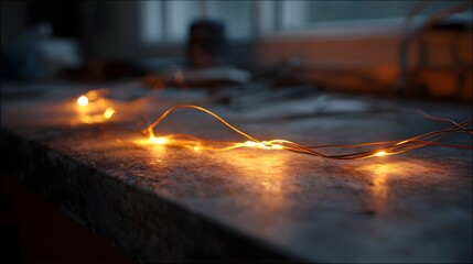 Warm orange glow of delicate string lights illuminating a textured surface in a dimly lit indoor environment