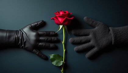 Two Hands with Rose. Two gloved hands reaching towards a red rose on a dark background.