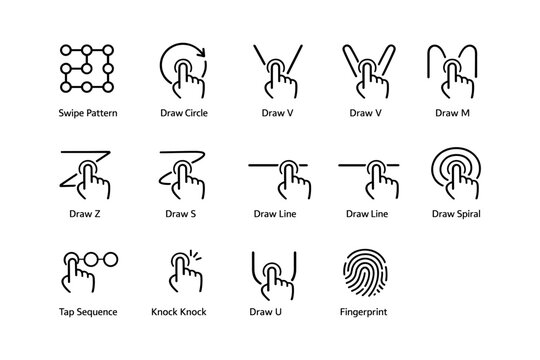 Gesture icons for mobile: swipe, draw, tap, knock, fingerprint recognition