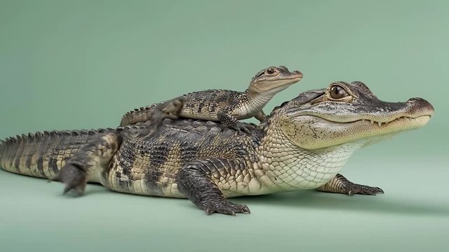 Two alligators resting together on a green surface, viewed from the side in a calm environment.