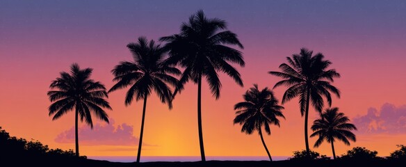 Obraz premium the beach at sunset evokes tranquility as palm trees stand tall against a vibrant sky