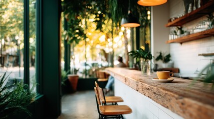 A cozy coffee shop interior filled with lush greenery, featuring a warm wooden bar, aesthetic lighting, and inviting ambiance perfect for relaxation and socializing with friends.