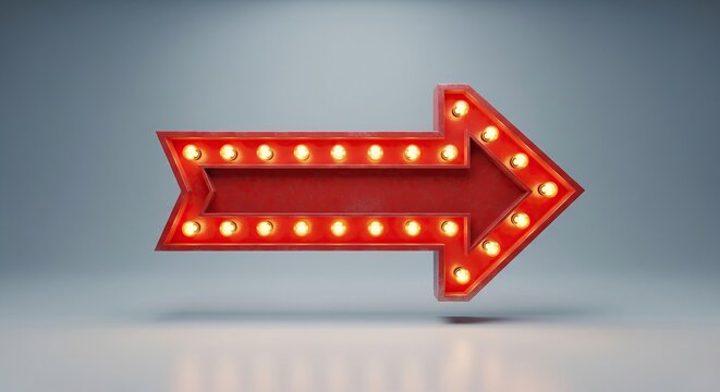 Vibrant red illuminated arrow sign pointing right with glowing lights