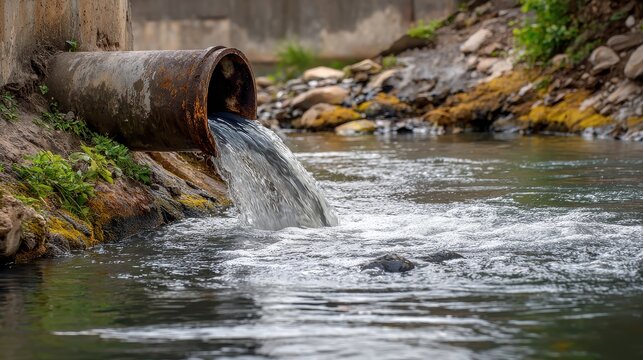 Industrial wastewater being discharged from a rusty metal pipe into a river, causing environmental pollution.