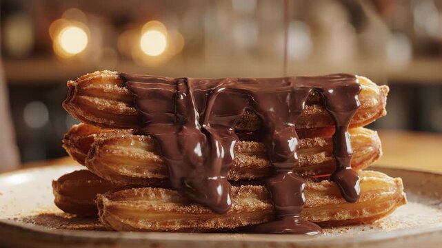 Stack of churros being drizzled with chocolate