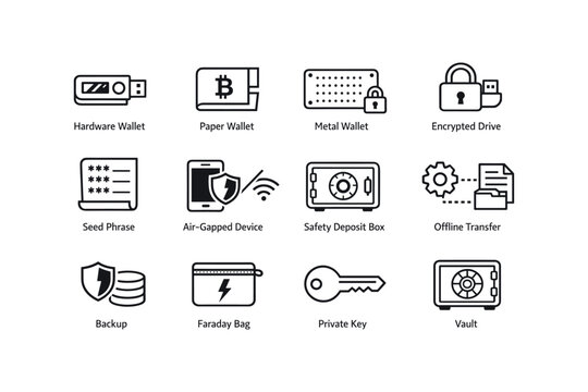 Cryptocurrency security icons: wallets, encryption, backup, and safety measures