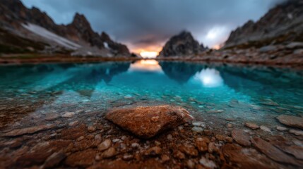 Obraz premium A stunning reflection of jagged mountains in crystal-clear water highlights the beauty of nature, showcasing vibrant colors under a dramatic sky, perfect for outdoor enthusiasts.
