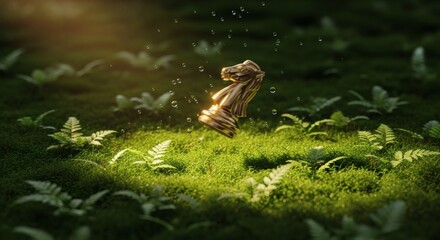 Golden knight chess piece floating above green moss and ferns in a magical forest environment