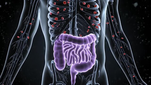 Human Digestive System Anatomy Model Highlighting the Large Intestine and Lymphatic System on Black Background for