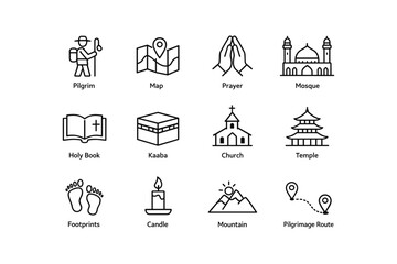 Naklejka premium Religious symbols: pilgrim, mosque, church, temple, prayer, pilgrimage route icon set
