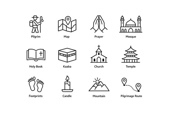 Religious symbols: pilgrim, mosque, church, temple, prayer, pilgrimage route icon set