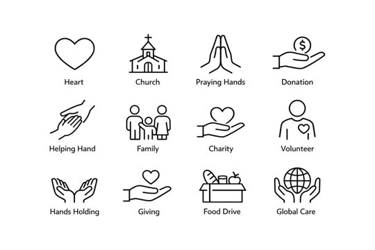 Icon set representing heart, church, charity, and global care themes
