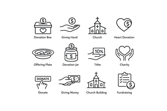 Donation symbols set featuring donation box, giving hand, church, heart, and charity icons