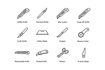 Collection of cutting tools including utility knife, scalpel, and rotary cutter illustrations
