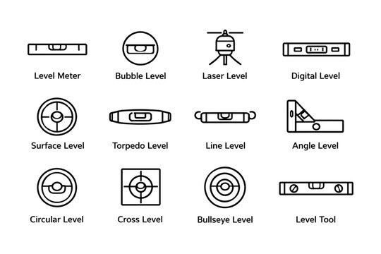 Various types of level tools for construction and measurement