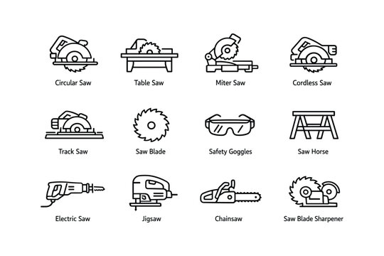 Collection of saw and safety tool icons: circular, table, miter, cordless, track saws, safety goggles, saw blade, horse