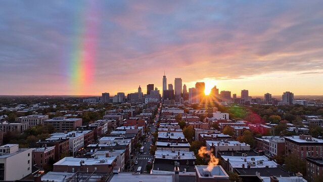 City skyline at sunrise with vivid rainbow and glowing sunburst, aerial view over urban rooftops for travel promo and weather themes, calm hopeful mood