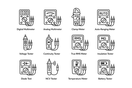 Various electrical testers and meters: digital, analog, clamp, auto-ranging