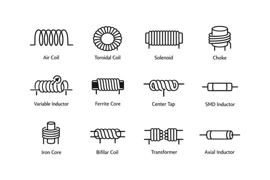 Various types of inductors: air, toroidal, solenoid, choke, and more