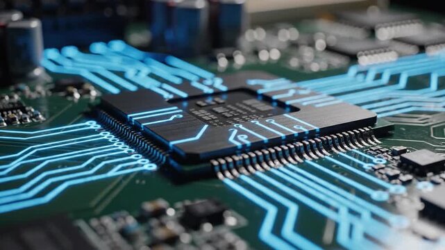 Circuit board with integrated chip and glowing blue traces