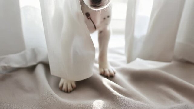白いカーテン越しにこちらを見つめる子犬の穏やかな室内風景