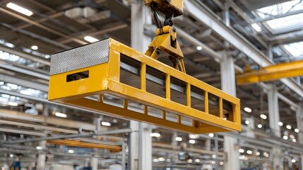 Fototapeta premium A bright yellow industrial crane elevates a sturdy metal frame symbolizing heavy duty ope ns within a vast manufacturing plant