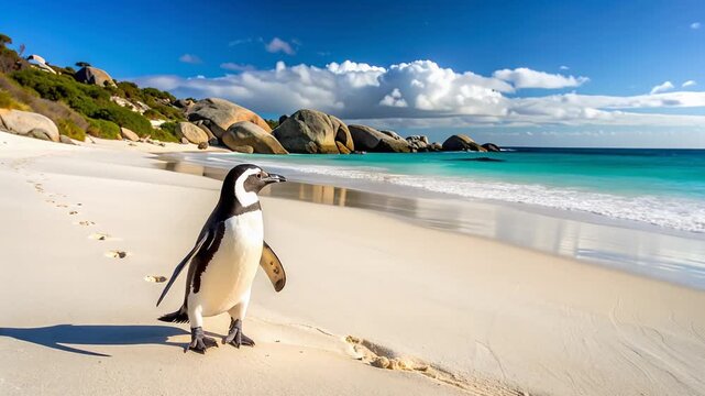 白砂の浜辺を歩くペンギンが青空と海に映える情景