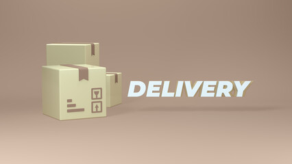 Obraz premium Minimalist 3D scene with cardboard delivery boxes and bold “DELIVERY” text on a soft brown background. Modern shipping, courier service, logistics, and e-commerce concept illustration.