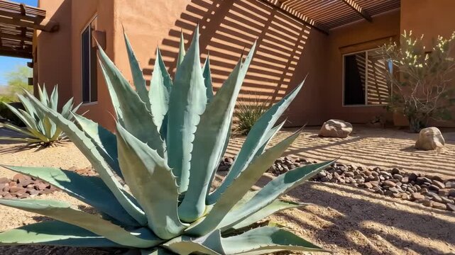 front lawn landscaping ideas. A close-up view of a green agave plant with striking leaves set against a southwestern-style adobe home, showcasing desert landscaping and natural textures