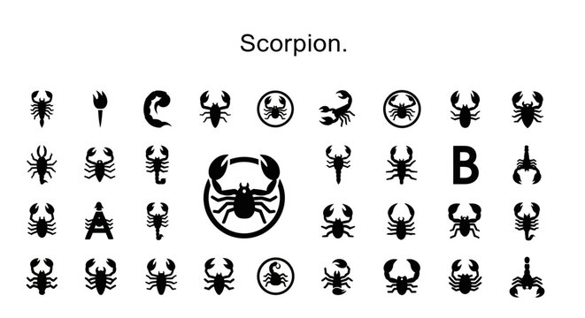 Scorpion Symbols Integrals, Letters, and Glyphs in Black Silhouettes Collection