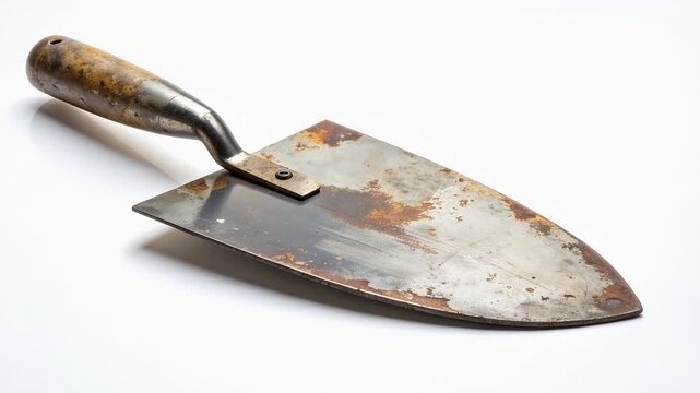 使い込まれた左官コテが白背景に置かれた職人道具の静物