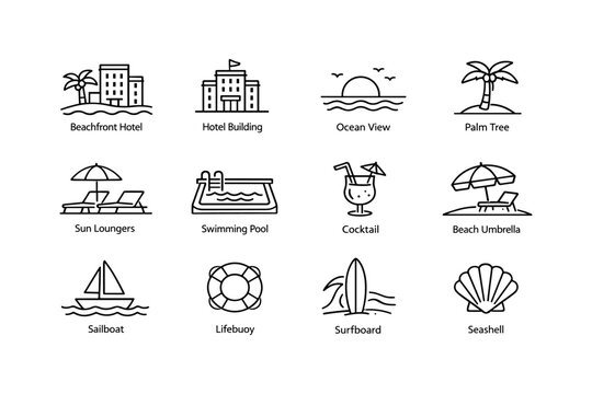 Summer beach vacation icons with hotel, ocean, and leisure activities