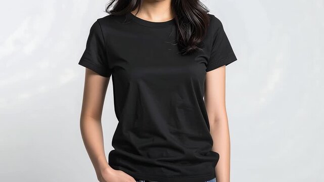 黒いTシャツを着た女性が自然な姿勢で立つシンプルな着用例