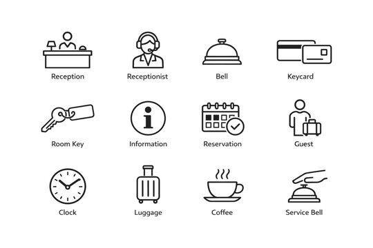 Hotel icon set: reception, keycard, luggage, service bell, reservation