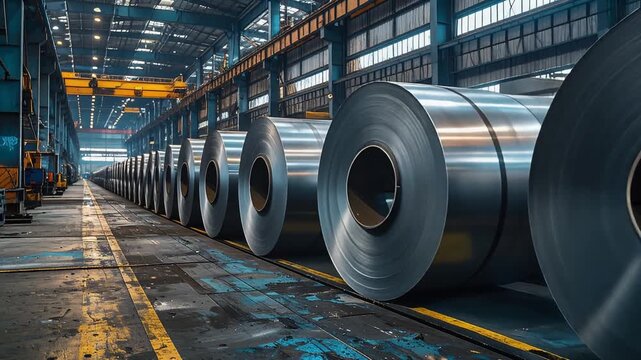 工場内に整然と並ぶ金属コイルが産業の規模感を伝える情景