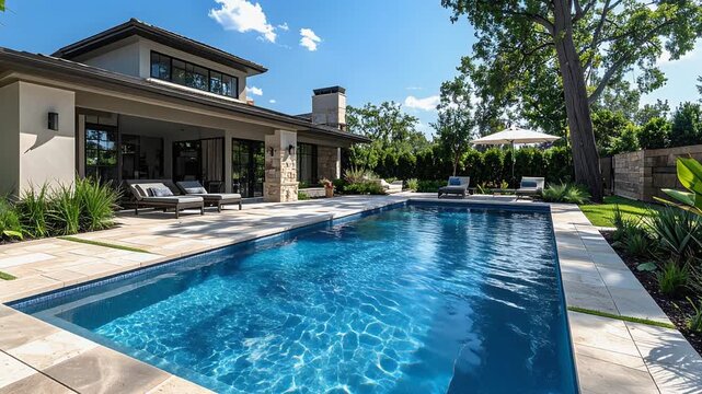 庭付き住宅のプールが夏の日差しを受けて輝く暮らしの風景