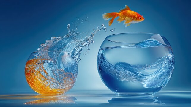 Goldfish Leap From Small Bowl To Large Aquarium, Symbolize Freedom and Growth