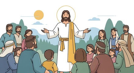 Jesus Inspires Followers in Nature's Embrace through Illustrative Art