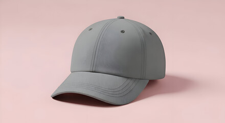 Fototapeta premium A plain grey baseball cap with a curved brim sits on a soft pink background showcasing a simple and versatile headwear accessory