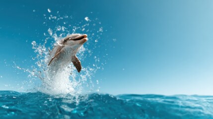 Obraz premium A joyful dolphin leaps out of the clear blue ocean, splashing water droplets around, with the bright sky creating a lively and vibrant atmosphere of nature's beauty.