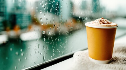 A warm cup of coffee rests on a soft blanket near a rain-streaked window, capturing the essence of comfort and coziness on a chilly, gloomy day.