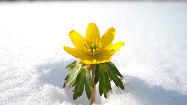 The video slowly zooms onto a vibrant yellow winter flower pushing through crisp white snow, transitioning from a medium shot to a detailed close-up over 8 seconds, highlighting resilience under brig