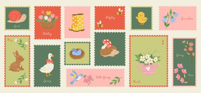Coquette hand drawn post stamps spring elements. Holiday stickers for poster, placard or postcard prints. Vector flat. Doodle art. 