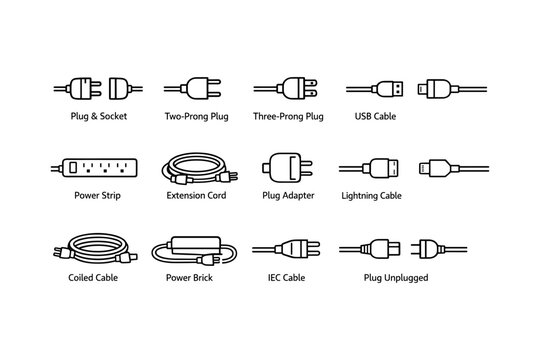 Various electrical plugs and cables diagram: usb, power strip, lightning, coiled, iec